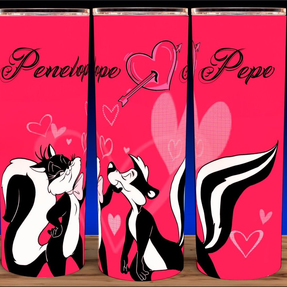 Pepe Le Pew Loves Penelope Heart Cartoon Pink Cup Mug Tumbler 20oz